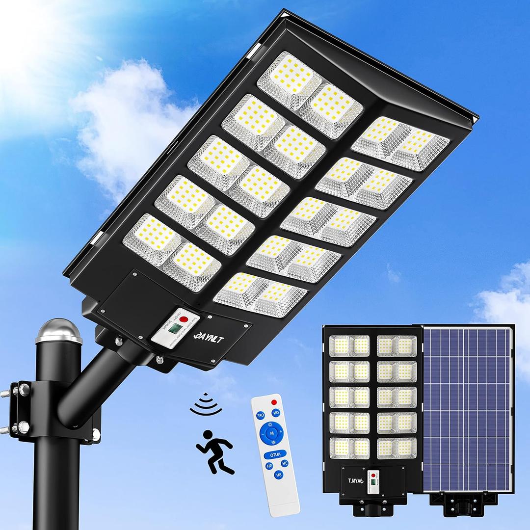 JAYNLT Y-5200W Solar Street Lights Outdoor,520000LM 6500K Commercial Parking Lot Lights Dusk to Dawn, Waterproof Solar Security Flood Lamps with Motion Sensor and Remote for Yard, Garage, Driveway (1Pack)