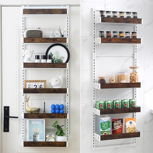 ELEV8N Over-The-Door Organizer – 6-Tier Wooden Pantry Storage Shelf with 12 Hooks, Wall-Mount or Hanging Spice Rack for Kitchen, Bathroom, or Closet