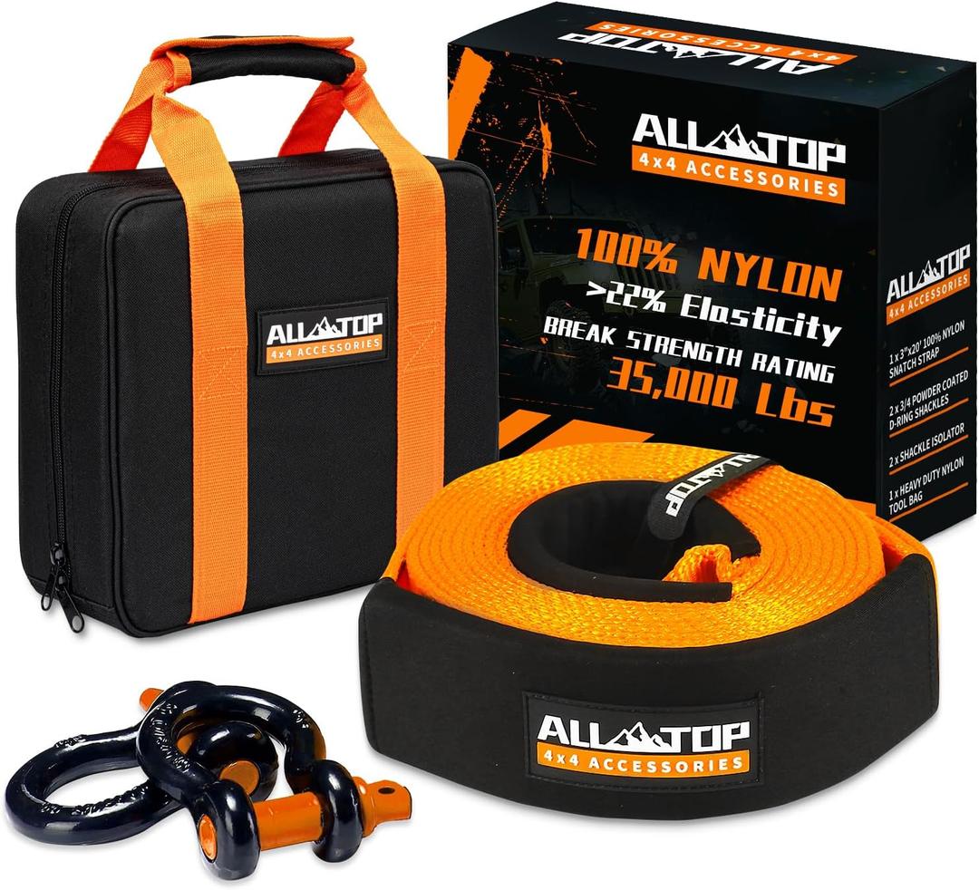 ALL-TOP Heavy Duty Tow Strap Recovery Kit: 3 inch x 20ft (35,000lbs) 100% Nylon and 22% Elongation Snatch Strap + 3/4 Heavy Duty D Ring Shackles (2pcs) + Storage Bag