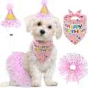 SCENEREAL Dog Birthday Bandana with Hat and Dress Girl Set, Puppy Birthday Party Supplies, Cute Pink Tutu Skirt Outfit for Small Medium Large Dogs
