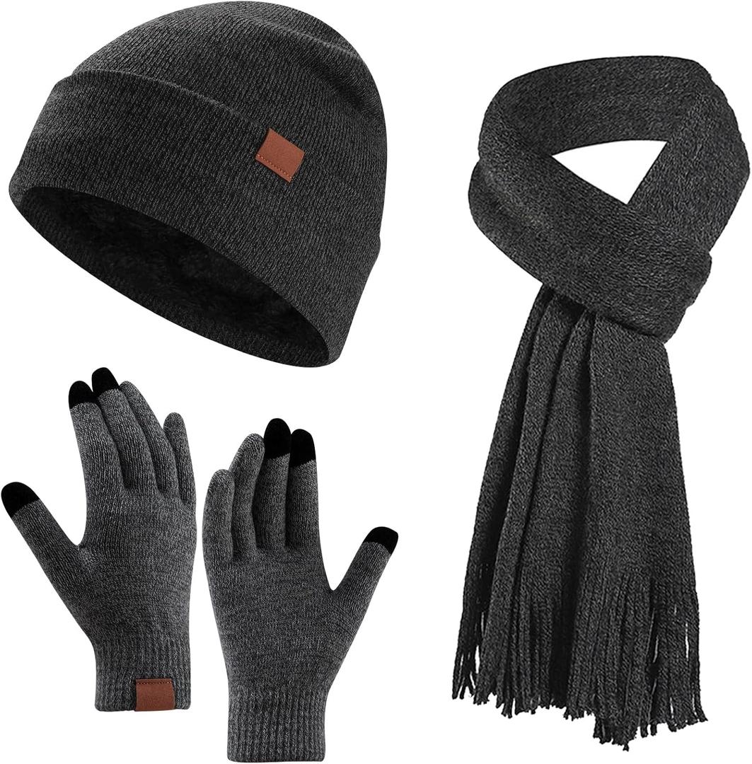 Women's Winter Beanie Hat Scarf Gloves Set, Warm Fleece Interior Knit Hat with Long Scarf Touchscreen Gloves 3 in 1 Set