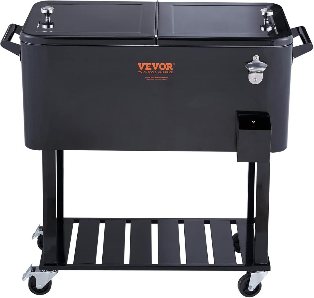 VEVOR Rolling Ice Chest Cooler Cart 80 Quart, Portable Bar Drink Cooler, Beverage Bar Stand Up Cooler with Wheels, Bottle Opener, Handles for Patio, Backyard, Party and Pool, Black, FDA Listed