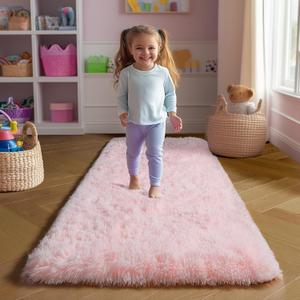 Amdrebio Pink 2x6 Runner Rugs for Girls Bedroom, Fluffy Shaggy Bedside Area Rug for Kids Room Decor, Cute Shag Fuzzy Carpet for Living Room Baby Nursery Teens Preppy Dorm Classroom Playroom, Washable