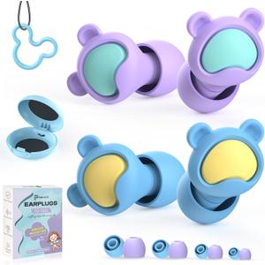 Kids Ear Plugs 2 Pairs(6-12 yrs), Reusable Noise Cancelling Earplugs, Silicone Noise Sensitivity Ear Plugs for Children/Small Ears, Ear Protection for Concerts/Flying/School/Playtime, Blue+Purple