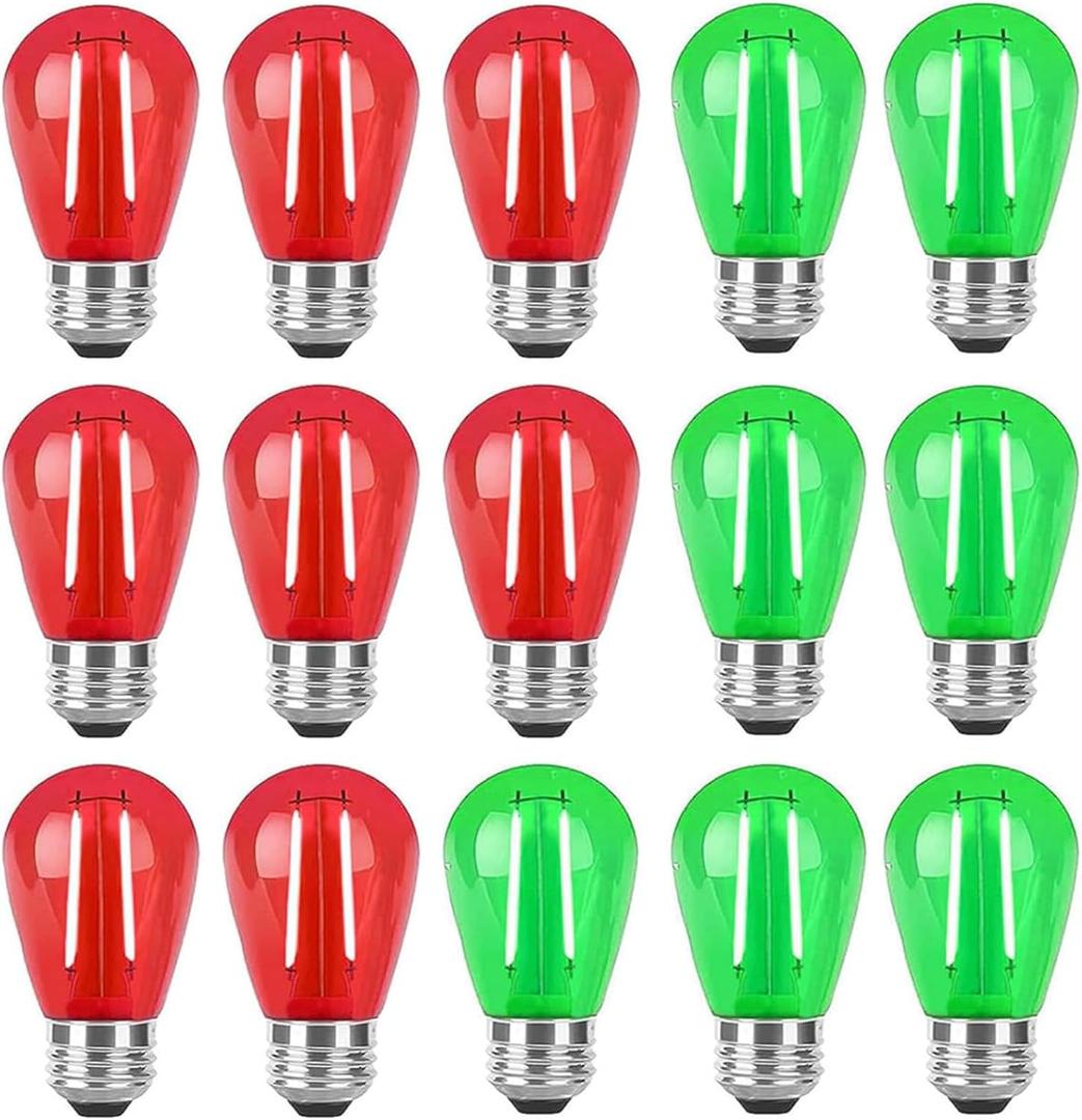 15 Pack S14 Colored LED Bulbs Red and Green Christmas LED Replacement Bulb 2W Outdoor String Light Bulb Plastic Shatterproof Edison bulb E26 Base Decorative Bulb for Christmas Patio Home Decor