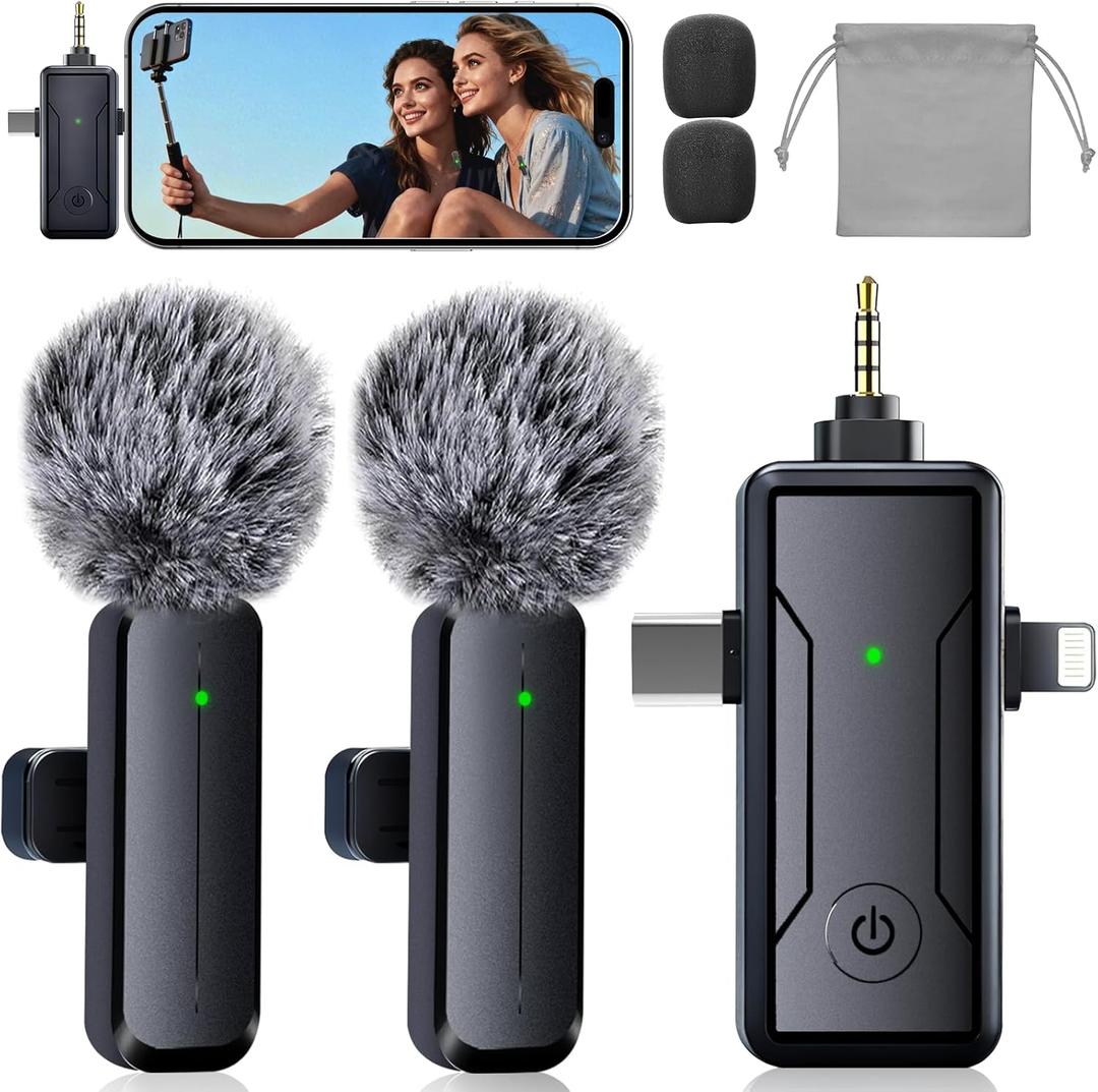 Wireless Mini Lavalier Microphone for iPhone - 3 in 1 Bluetooth Microphone with Noise Reduction, Plug & Play Lapel Mic for iPad Android, Clip Mic for Video Recording Vlog YouTube TikTok Podcast(Black)