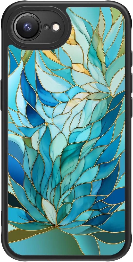 FUNMIKO Cute Phone Case for iPhone 16e - Wireless Charging & Military-Grade Protection - Trendy Wildflower Design for Women Girls, Non-Slip Translucent Matte Hard Cover - Sleek Cyan Leaf
