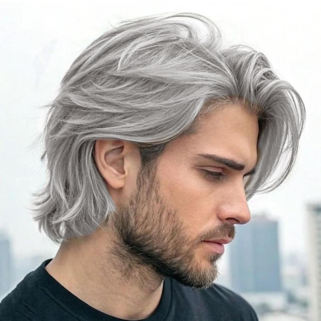Mens Short Gray Wig Synthetic Straight Layered Cosplay Replacement Hair Wig for Male Guy