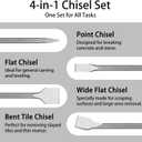 Heavy-Duty 4-Piece SDS Plus Chisel Bit Set - Alloy Steel Concrete Chisels for Demolition & Renovation - Flat, Wide, Pointed & 15 Tile Chisel (250mm/10")