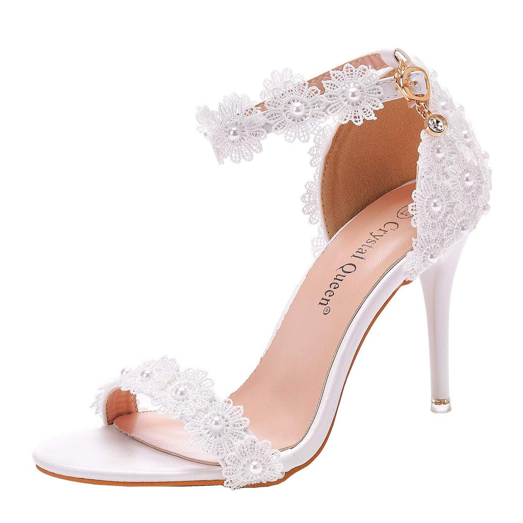 Crystal Queen Women White lace Ankle Strap High Heel Sandals Stiletto Heels Peep Toe Sandals Pump Shoes for Bride Wedding Party Evening PLX09WL-35