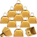 Therwen 12 Pack Metal Cow Bells Noise Makers with Handle 3 Inch Hand Percussion Cowbells Bulk Loud Call Bell for Sporting Events Cheering Football Games Team Spirit Weddings Party Noisemakers (Yellow)