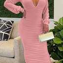 GOBLES Women's Sexy Long Sleeve Deep V Neck Ruched Bodycon Cocktail Party Midi Dress (Pink, M)