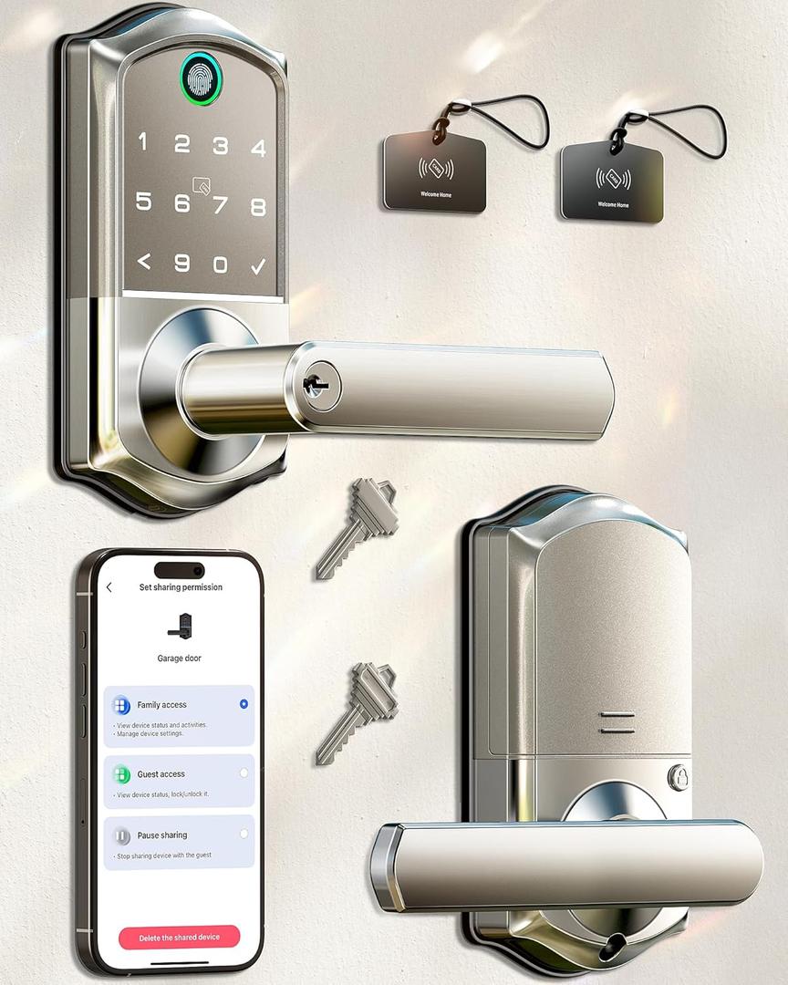 Veise VE019 Fingerprint Smart Lever Lock - APP Control, Keypad Door Lock with Handle, Keyless Entry for Front Door and Bedroom, Electronic Digital Knob, Remote Grant, IP66 Weatherproof, Satin Nickel