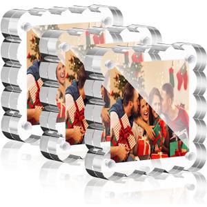 HELPLEX Acrylic Picture Frames 3x3, 3 Pack Clear Magnetic Lucite Frames, 20% Thicker 10+10mm Double-Sided Display, Freestanding Scalloped Design for Desktop