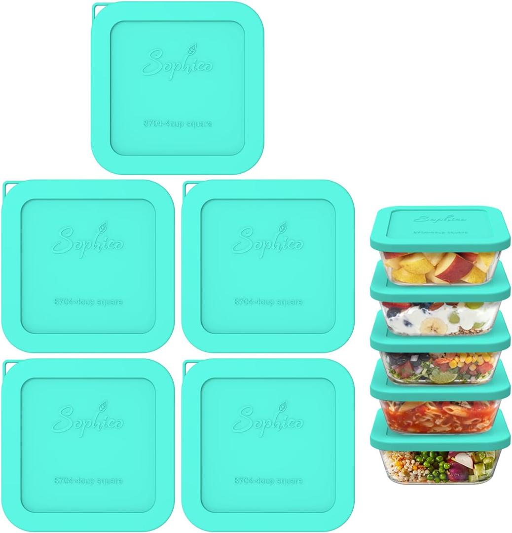 Sophico Silicone Storage Cover Lids Replacement for Pyrex Freshlock and SNAPWARE 4CUP Square Glass Bowls Containers Set(8704), Airtight & Leakproof Lids, Freezer Dishwasher Microwave Safe 5 Pack