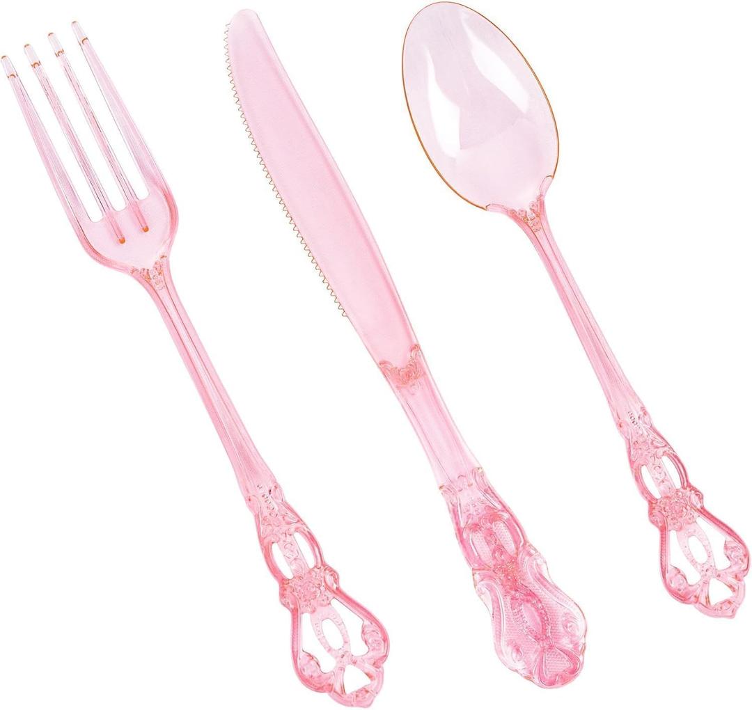 150PCS Pink Plastic Silverware - Heavy Duty Elegant Disposable Utensils - Vintage Baroque Cutlery Set Disposable Includes 50Forks, 50Spoons, 50Knives for Dinner Party Wedding Mother's Day