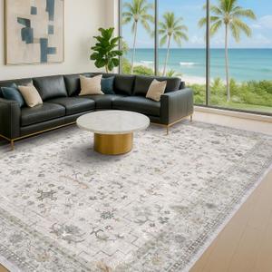 Boho Light Grey Living Room Rug 10x14 - Modern Vintage Eclectic Floral Pastel Neutral Taupe, Washable Low Pile Non-Slip Extra Large Area Rugs for Dining Under Table Bedroom Lounge