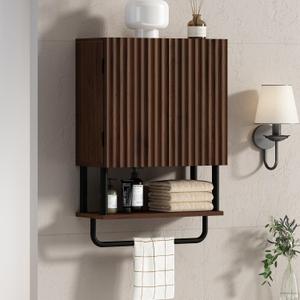 RUSTOWN Farmhouse Bathroom Wall Cabinet with 2 Door, 3-Tier Curved Profile Wooden Medicine Cabinet, Wall Mounted Storage Cabinet with Adjustable Shelf and Towel Bar (Dark Walnut, Small)