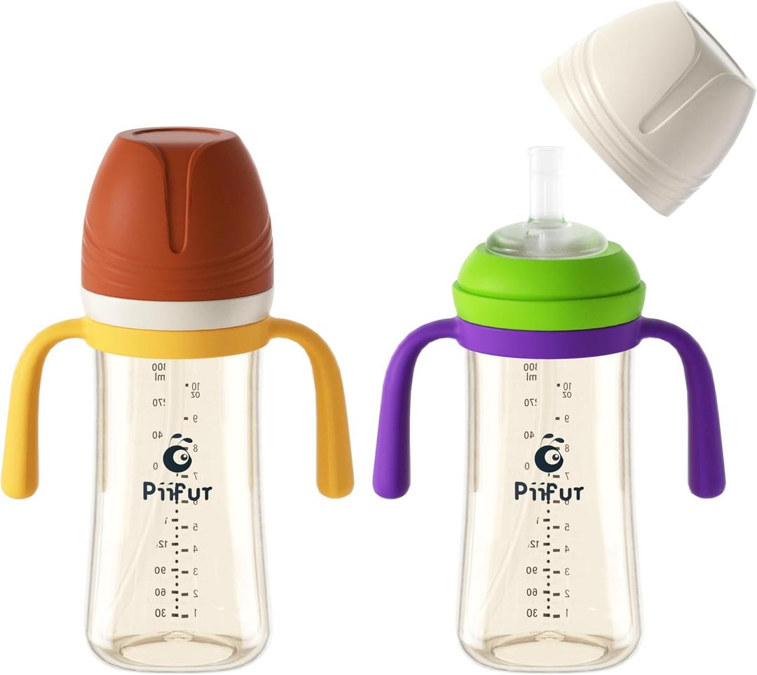 Piifur Sippy Cups for Toddlers 1-3 No Spill Straw with Handle Water Bottle 2 Pack 10 Ounce Green&Beige