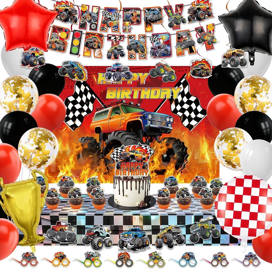 57Pcs Monster Truck Birthday Decorations Truck Party Supplies | Monster Truck Birthday Decorations Include Banner Tablecloth Cake Toppers Hanging Swirls Truck Theme for Party Birthday