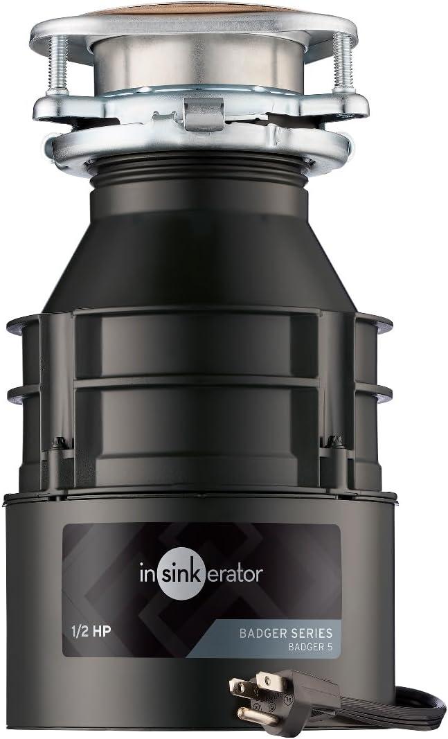 InSinkErator Badger 5 Garbage Disposal with Power Cord, Standard Series 1/2 HP Continuous Feed Food Waste Disposer, Badger 5 W/C, No Size, Black/Gray
