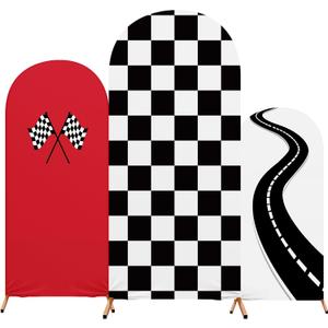 3 Pack Racing Car Theme Fast Party Arch Backdrop Covers Set of 4ft, 5ft, 6ft Black White Racing Theme Checkered Spandex Arch Cover for Birthday Wedding Baby Shower Party Decor (Red)