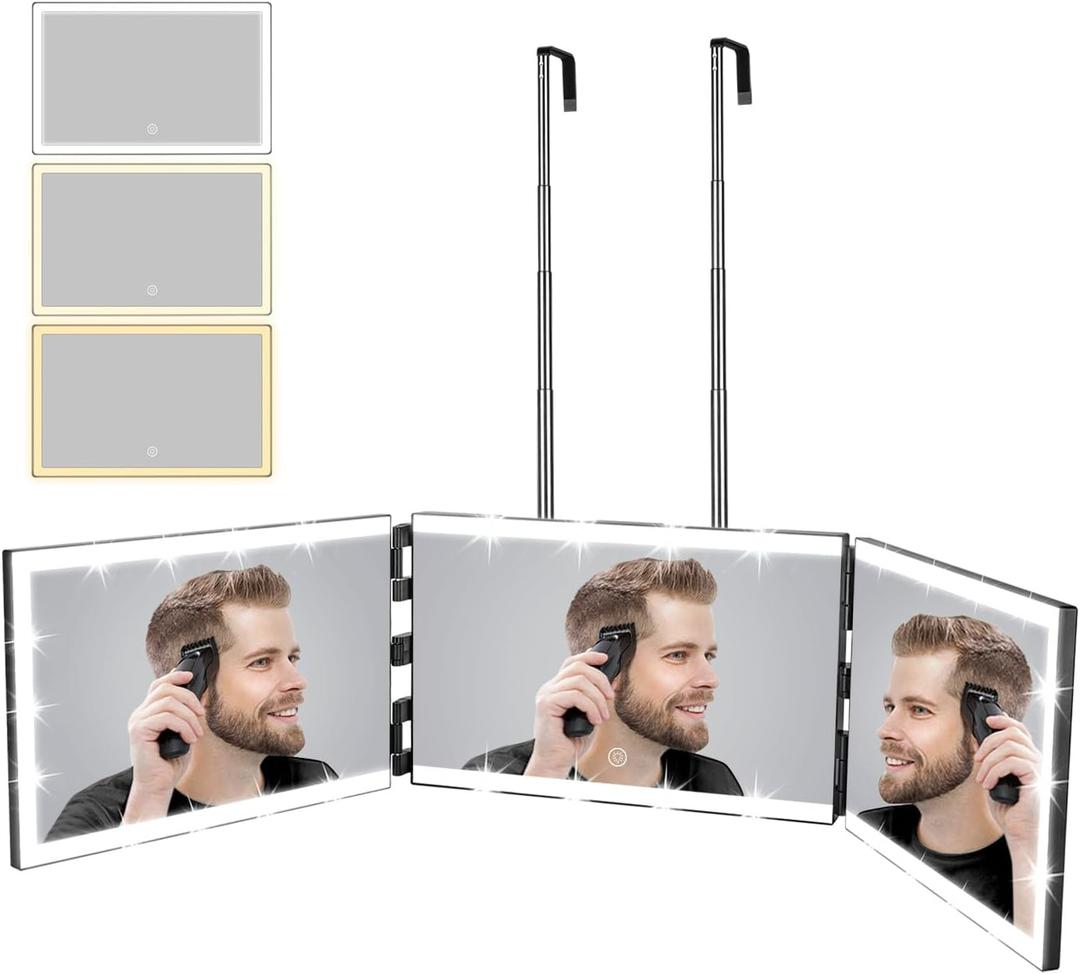XIGETRAIL Rechargeable 3 Way Mirror for Self Hair Cutting with 8 Light Strips & Telescoping Hooks for Makeup,Shaving,Braiding&Styling-Trifold Barber Mirror