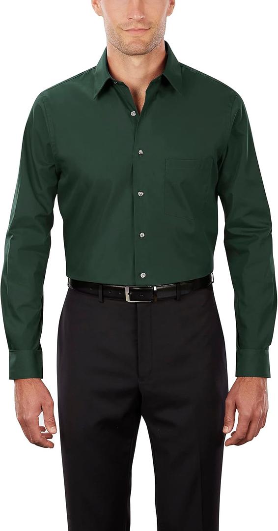 Van Heusen Men's Dress Shirt Regular Fit Poplin Solid (16.5" Neck 32"-33" Sleeve, Dark Leaf)