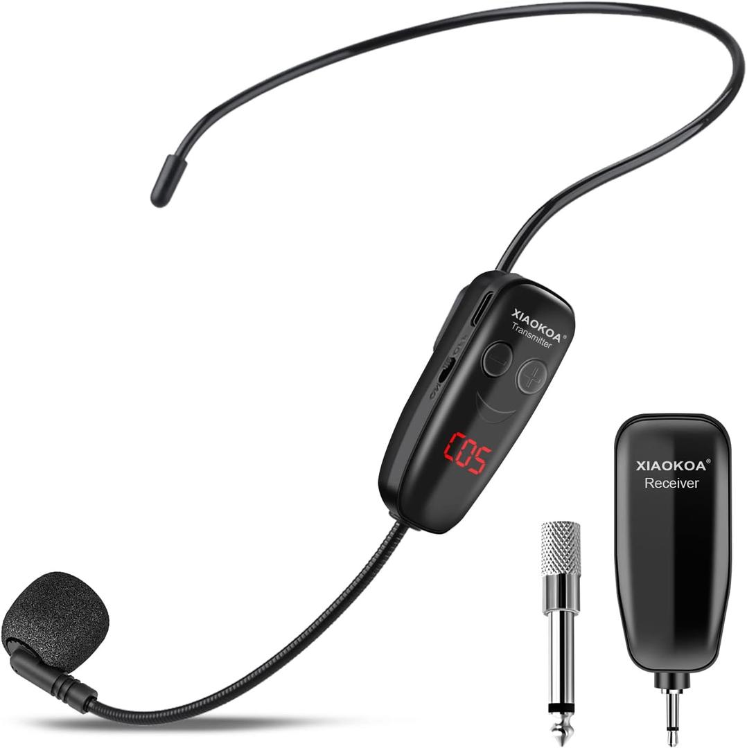 XIAOKOA Wireless Microphone Headset, UHF Head Mic Speaker System, Professional Voice Amplifier Headset Microphones, with LED Digital Display, for Teaching Fitness Instructor Tour Guide (Black-B)