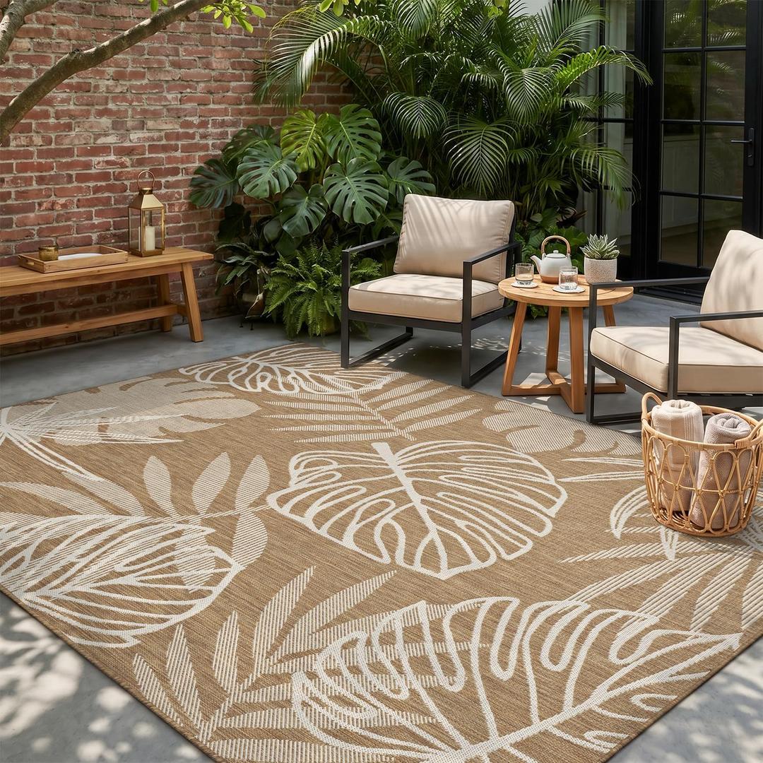 MontVoo-Outdoor Rug-Patio Rug 5x7 ft Polypropylene Indoor Outdoor Rugs Outdoor Carpet for Patio Deck Balcony Porch, Textured Weave, Durable for High Traffic, Fade-Resistant, Tropical Neutral Brown