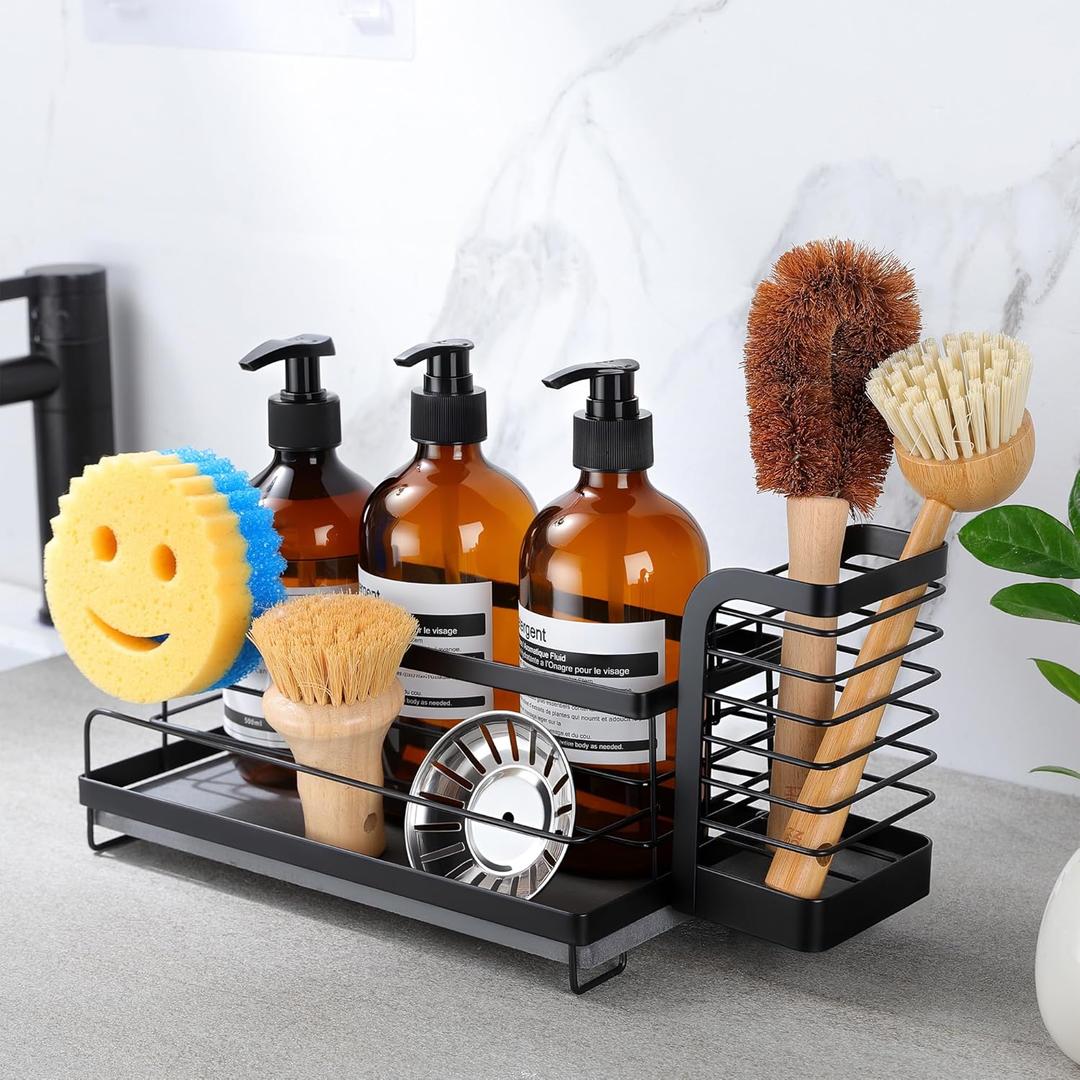 Kitchen Sink Organizer with Instant Drying Stone, Dish Sponge and Brush Holder, Stainless Steel