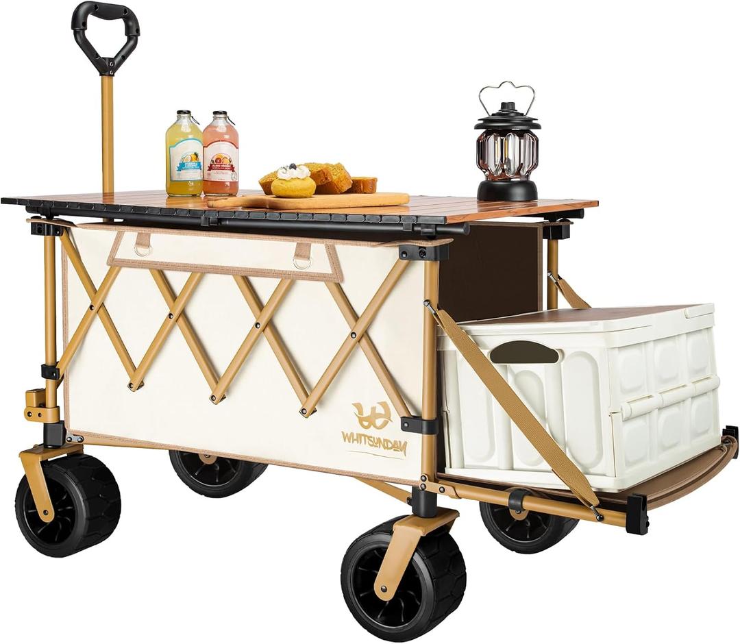 Collapsible Wagon with Tailgate and Big Wheel,Heavy Duty Utility Folding Wagons for Beach Camping Outdoor (Beige, with Table)