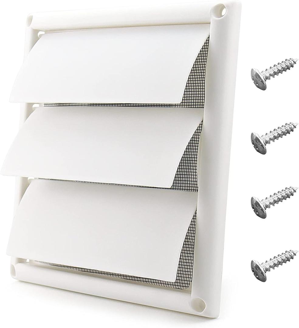 Funmit 6" Louvered Vent Cover 8" x 8" Oversize Outside Dimensions for Exterior Wall Vent Hood Outlet Airflow Vent Dryer Air Vent (White) (6 inch, White-plastic)
