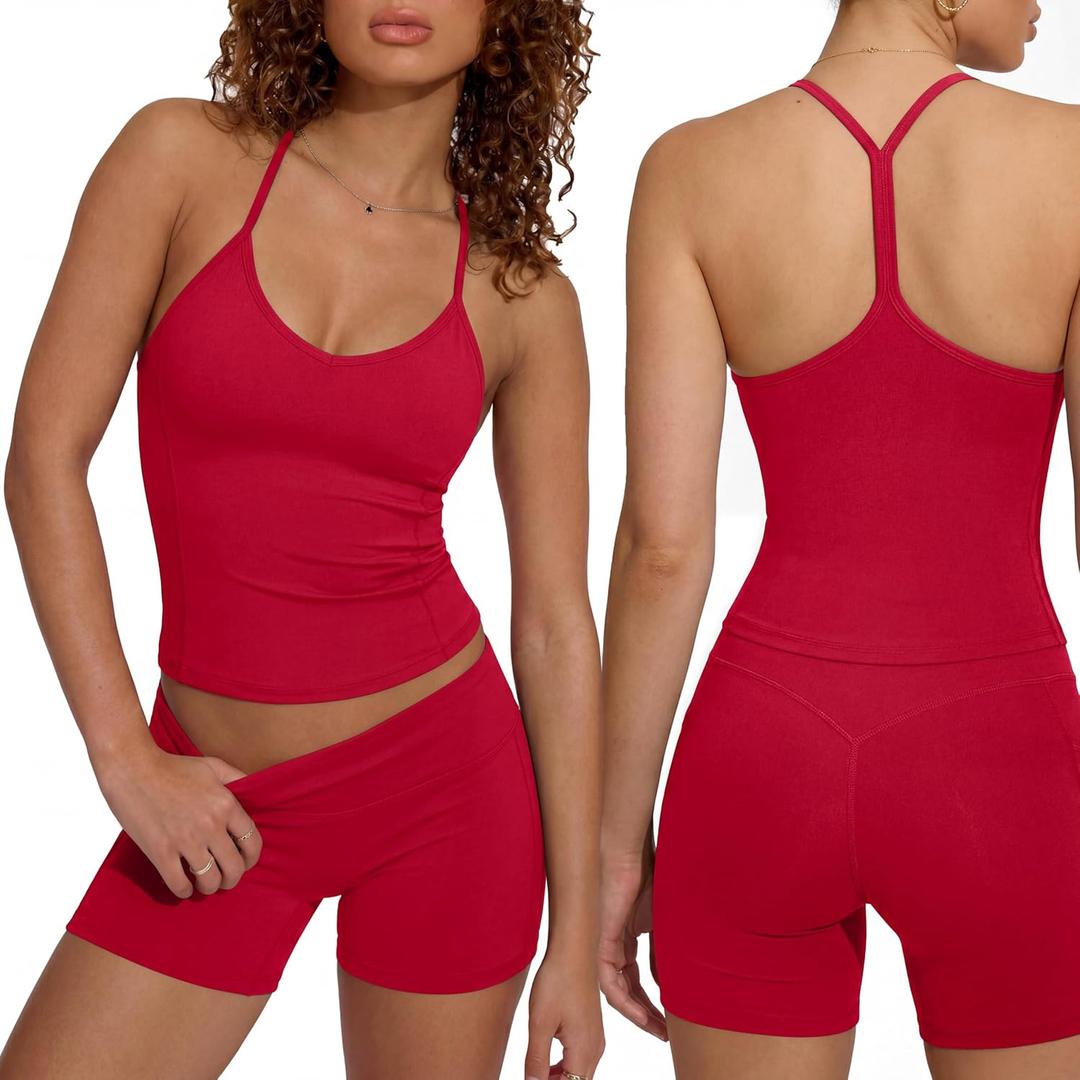 SUUKSESS Women Sexy Workout Sets Padded Sports Bra High Waisted Shorts Outfits (Medium, 04 Red)