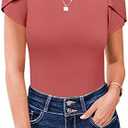 MISSJOY Womens Summer Short Sleeve Bodysuits Crew Neck Ribbed Petal Sleeve Stretchy Slim Fit Leotards Tops, S