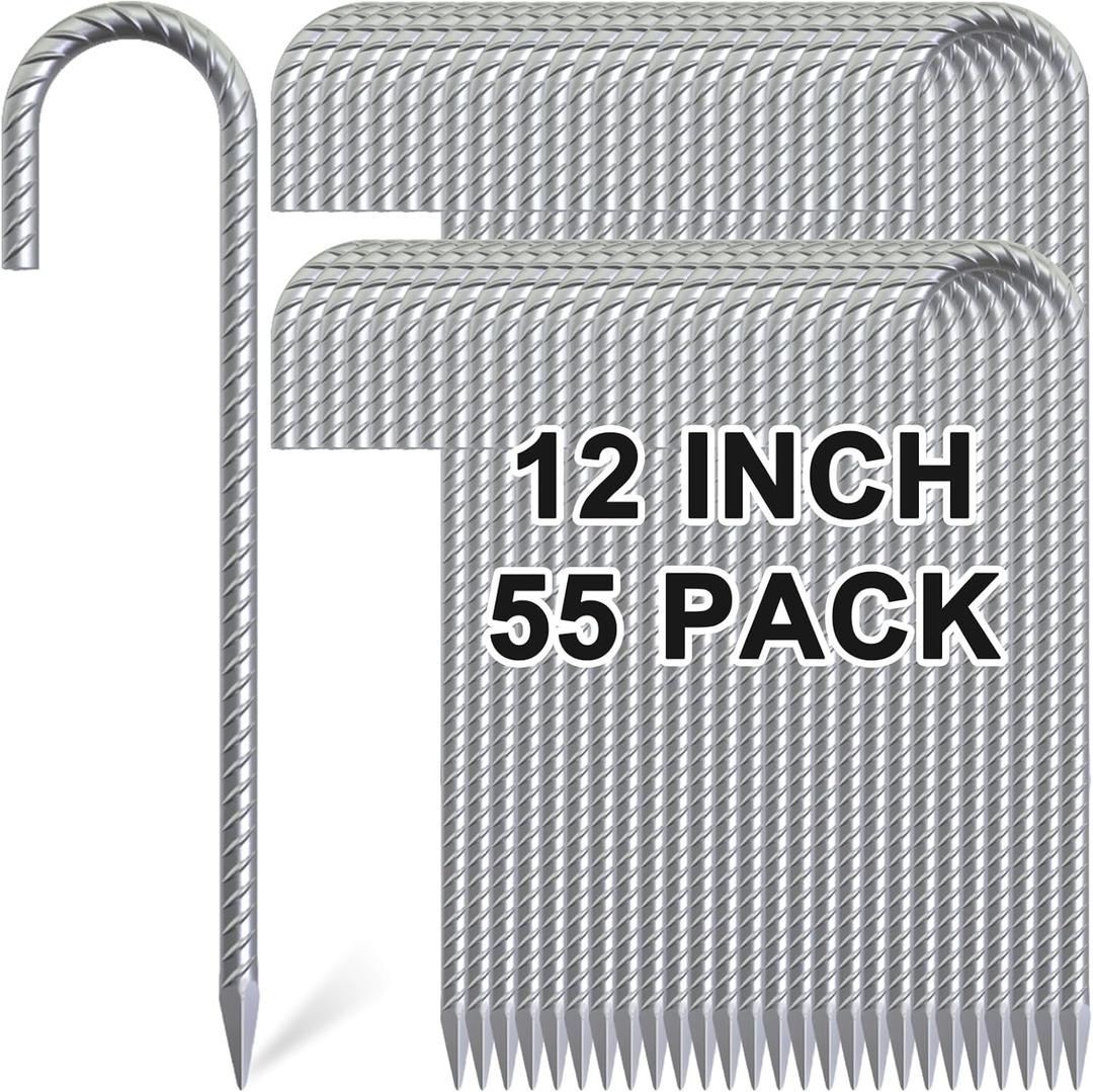 12 Inch J Hook Rebar Stakes 55 Pack, Heavy Duty Galvanized Steel Tent Stakes, Anti-Rust Ground Anchors Chain Link Fence Stakes for Yard Decorations, Infltables, Canopy, Tarp, Garden (12 Inch - Silver - All-Purpose)