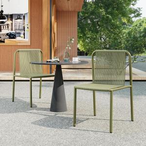 Christopher Knight Home Set of 2 Burgess Minimalist Patio Wicker Stacking Dining Chairs, Outdoor PE Rattan Accent Armless Chair, Sturdy Metal Frame Garden/Porch/Backyard Stackable Side Chair, Green (Minor defect on cord alignment/tie at the backrest area.)