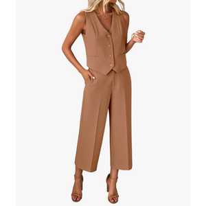 luvamia Pant Suits for Women Dressy Casual 2 Piece Sets Sleeveless Blazer Vest with Wide Leg Capri Pants Work Outfit L