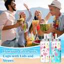 Baderke 24 Pcs Hawaiian Plastic Cups with Lids and Straws 13.5 oz Tropical Luau Clear Drinking Cup for Whiskey Soda Tea Juice Smoothies Coffee Milk Beach Birthday Party Supplies (Flamingo)