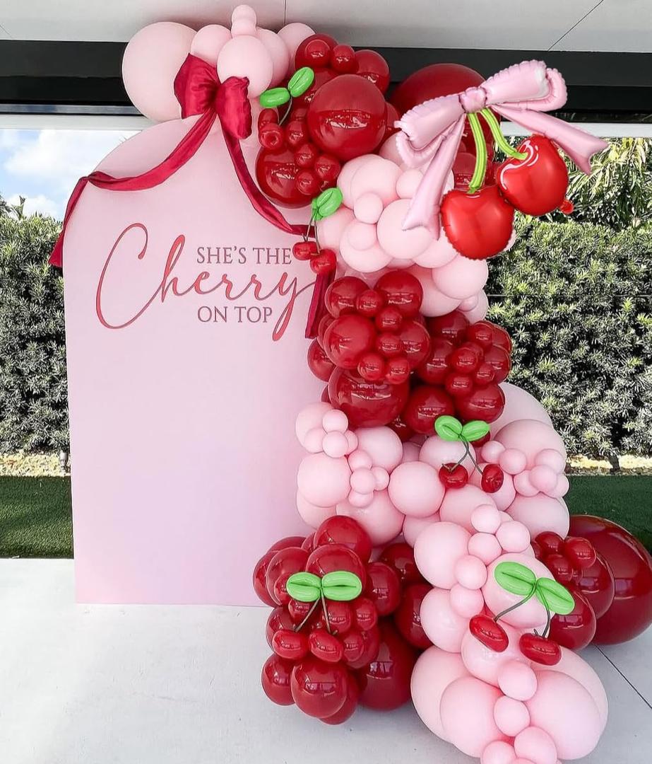 PageebO Cherry Birthday Decorations,146pcs Red and Pastel Pink Latex Balloons with Cherry Balloon for Cherry on TOP Baby Shower Decorations Girl Birthday Berry First Cute Fruit Party Favors Home Decor