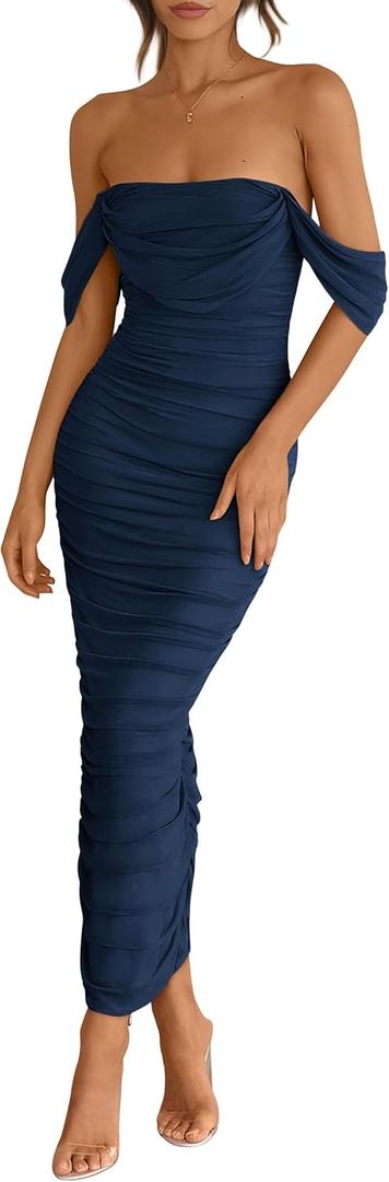 PRETTYGARDEN Womens 2026 Summer Off The Shoulder Dress Ruched Bodycon Sleeveless Split Cocktail Party Maxi Dresses (Large, Navy)