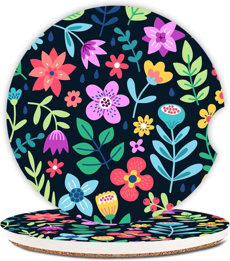 2 x Cute Flowers Ceramic Cup Holders - Pack of 2, Keep Cup Holders Clean and Dry, Drink Cup Car Holder Coasters with A Finger Notch