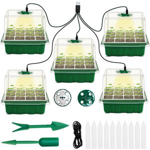 Seed Starter Tray with Grow Light, 5 Packs Plant Starter Tray Seedling Starter Kit with Humidity Domes Base Indoor Greenhouse Mini Propagator Station for Seeds Growing Starting (12 Cells per Tray) (5 Pcs With Grow Lights)