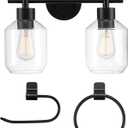 GLOBE Electric 51850 Cannes 3-Piece Powder Room Set, Matte Black, 2-Light Vanity Light with Clear Glass Shades, Toilet Paper Holder, Towel Ring, Bulb Not Included