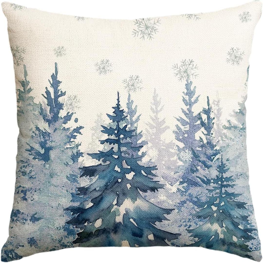AVOIN colorlife Blue Christmas Tree Snowflake Throw Pillow Cover, 18 x 18 Inch Seasonal Winter Holiday Blue Cushion Case Decoration for Sofa Couch