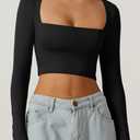 QINSEN Women's Sexy Square Neck Crop Top Long Sleeve Slim Fit Cropped T Shirts (Black, S)