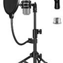 Mic Stand Desk, Table Mic Tripod Desktop Mic Stand Height Adjustable Small Microphone Stand for Desk with Pop Filter Shock Mount Mic Clip 1/4" to 5/8" Adapter for Blue Yeti Snowball Black