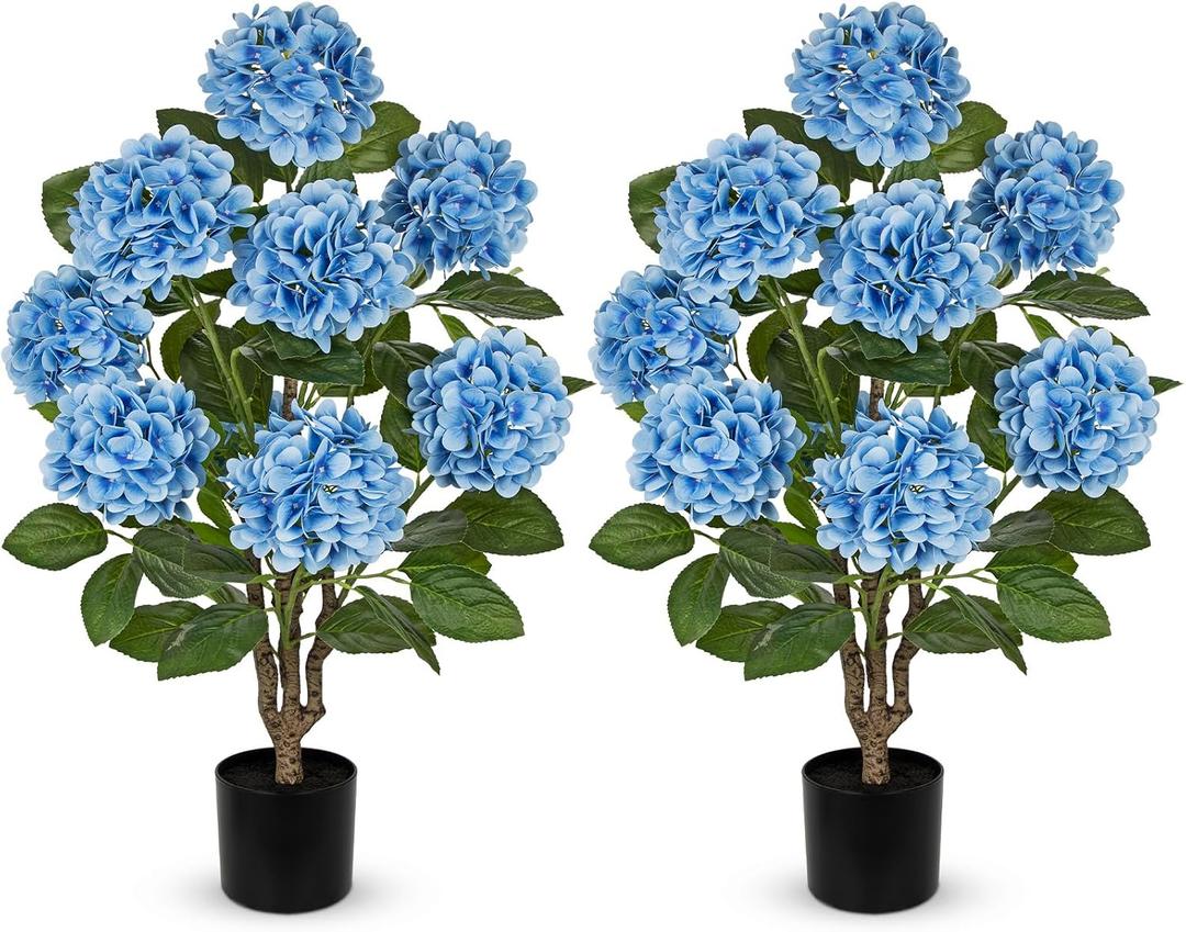 3FT Blue Hydrangea Artificial Flowers Tree 2 Pack Large Real Touch Faux Silk Hydrangea Plants Potted Fake Flower in Black Pot for Home Indoor Outdoor Front Porch Garden Entrance Living Room Decor