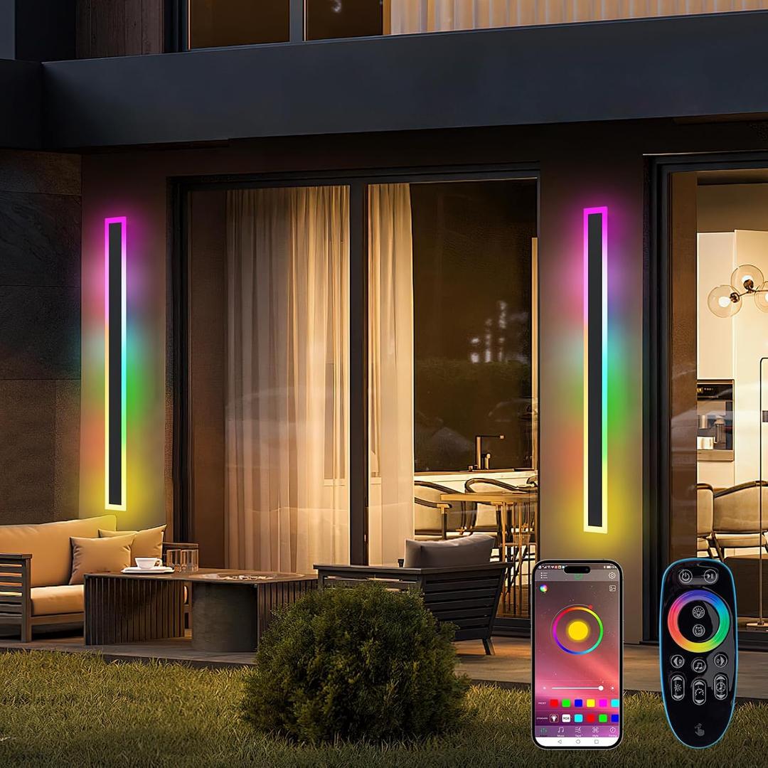 Outdoor RGB Long Wall Lights, 39.4inch 2 Pack RGB/Warm/White Dimmable Modern LED Wall Lighting, Ip65 Waterproof Long Wall Sconce with Remote and APP Control for Outdoor/Indoor