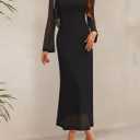ZESICA Women's Long Sleeve Floral Bodycon Dress 2026 Spring Fall Ruched Mesh Wedding Guest Cocktail Party Maxi Dresses (Black, S)